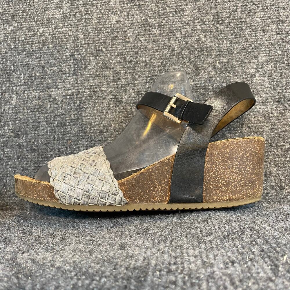 Comfortiva Womens 8.5 Black Woven Silver Leather Ankle Strap Cork Wedge Sandals